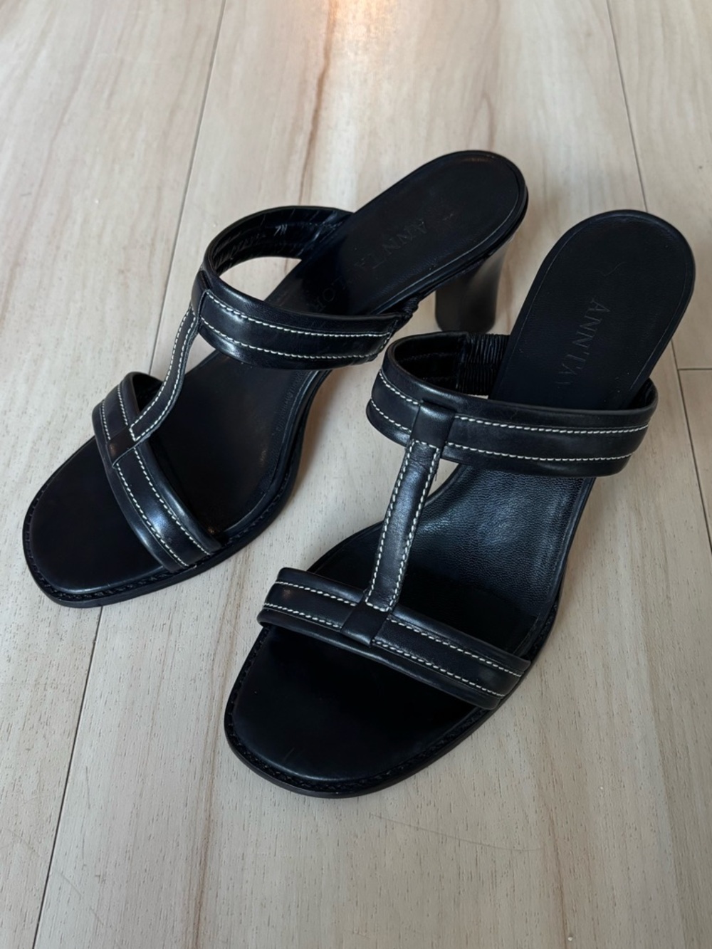 Ann Taylor Black Leather + White Stitched Heeled Sandals - Women’s 7